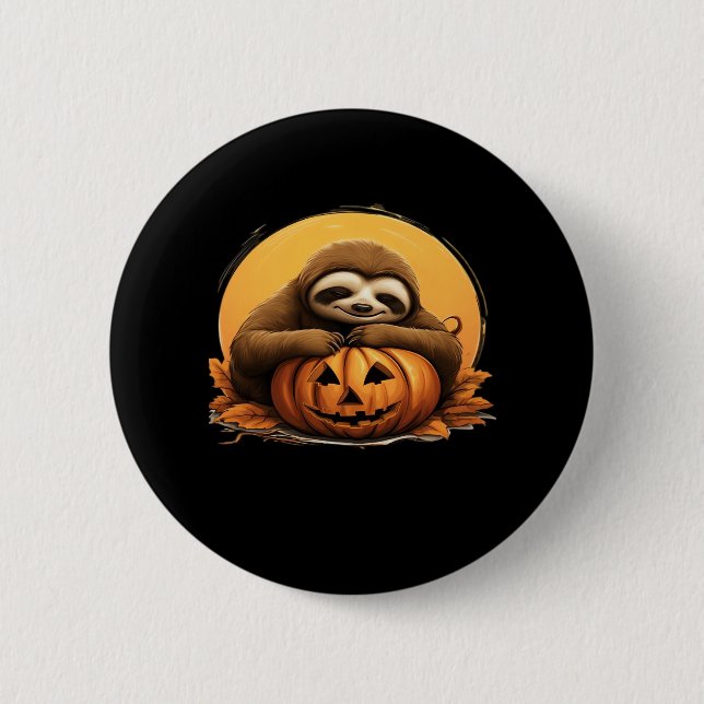 Sleeping Sloth and Halloween Pumpkin Classic T-Shi Button (Front)