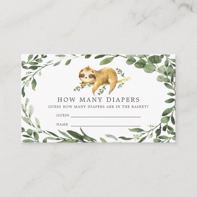 Sleeping Sloth Baby Shower Guess How Many Diapers Enclosure Card (Front)