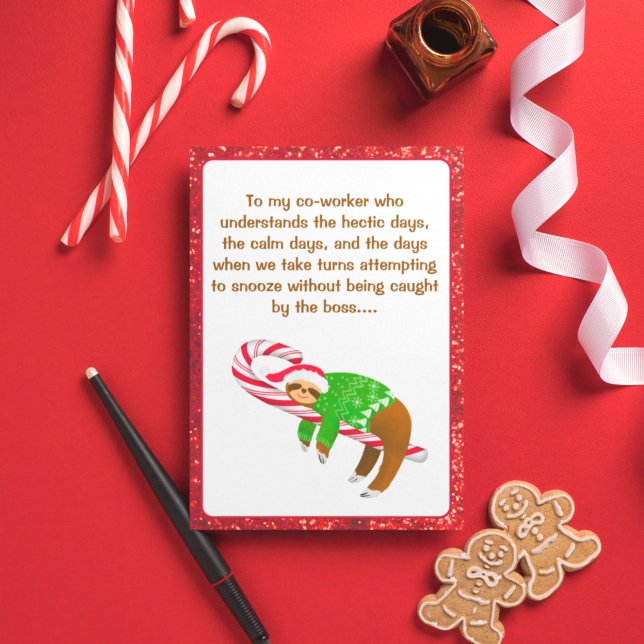 Sleeping Sloth Candy Cane Christmas Co-Worker Card (Creator Uploaded)