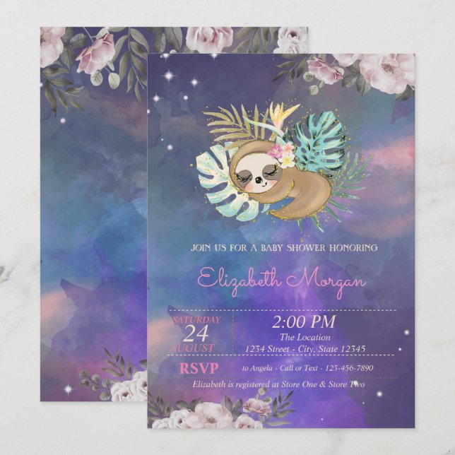 Sleeping Sloth Floral Watercolor Baby Shower  Invitation (Front/Back)