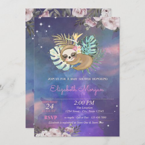 Sleeping Sloth Floral Watercolor Baby Shower  Invitation