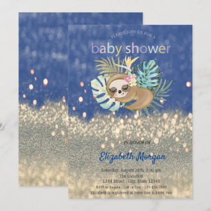 Sleeping Sloth Glitter Bokeh Baby Shower Invitation