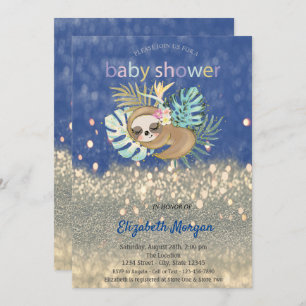 Sleeping Sloth Glitter Bokeh Baby Shower Invitation