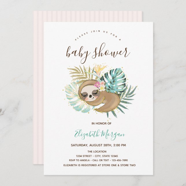 Sleeping Sloth Pink Striped Baby Shower Invitation (Front/Back)