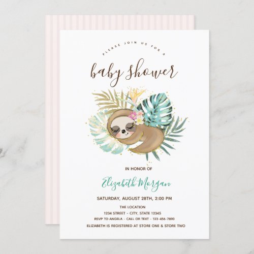 Sleeping Sloth Pink Striped Baby Shower Invitation