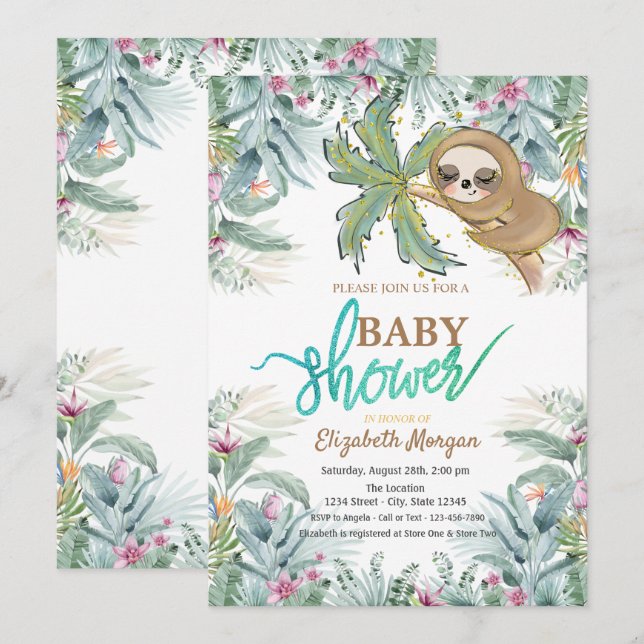  Sleeping Sloth Tropical Flowers Leaf Baby Shower  Invitation (Front/Back)