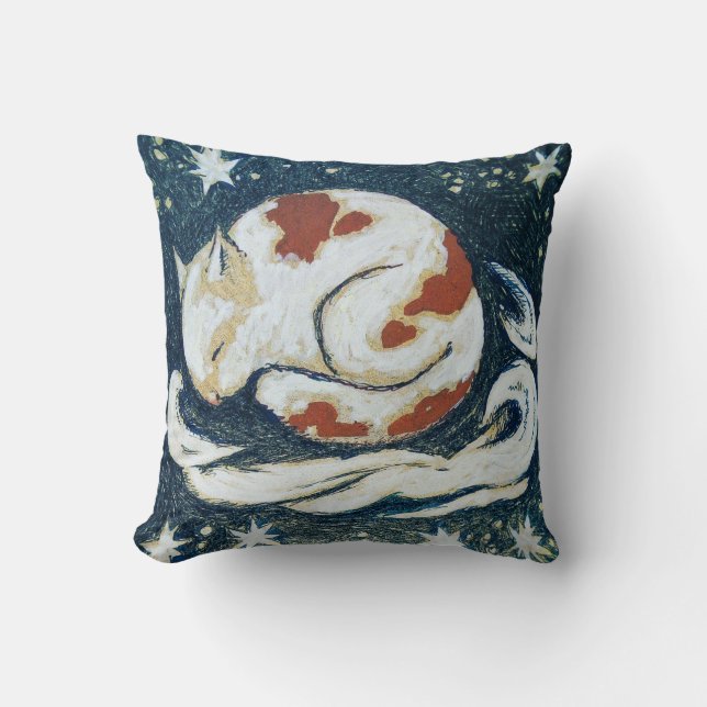 Sleeping Space Cat among Stars Throw Pillow (Front)