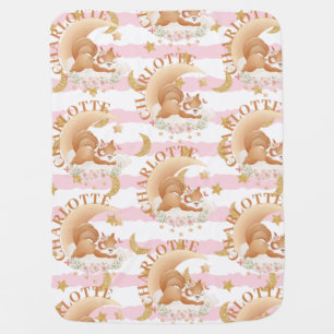 Sleeping Squirrel on Clouds Gold Moon & Stars Name Baby Blanket