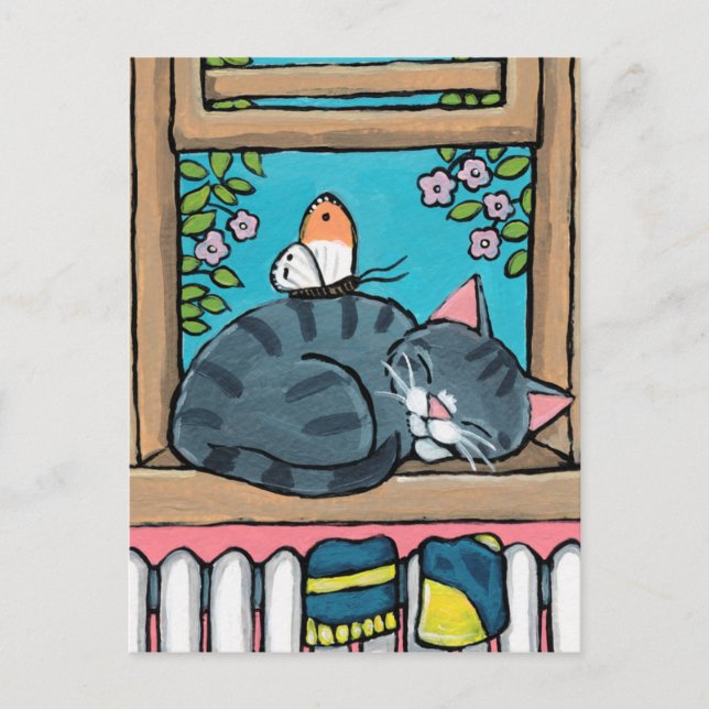 Sleeping Tabby Cat and Butterfly Illustration Postcard (Front)