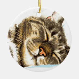 Sleeping tabby cat ceramic ornament