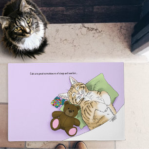 Sleeping Tabby Cat Comfort Cute Cozy Lavender Doormat