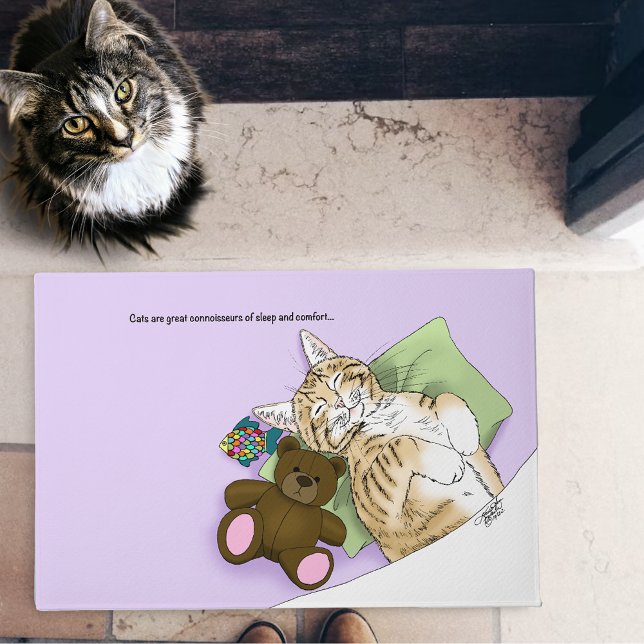 Sleeping Tabby Cat Comfort Cute Cozy Lavender Doormat (Creator Uploaded)