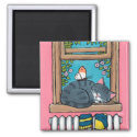 Sleeping Tabby Cat with Butterfly on Window Sill Magnet