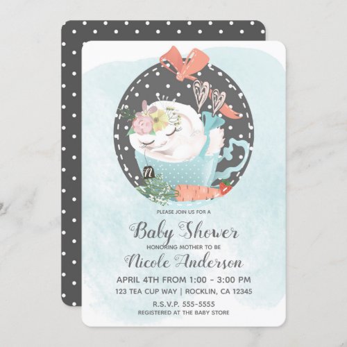 Sleeping Tea Cup Bunny Rabbit Spring Baby Shower Invitation