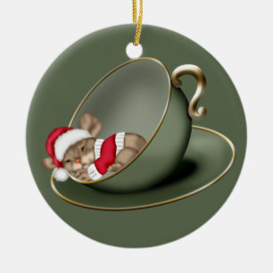 Sleeping Tea Cup Mouse 2 Sided Ceramic Ornament