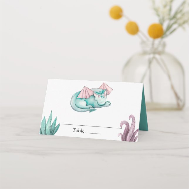 Sleeping Teal Dragon Baby Shower Place Card (Front)