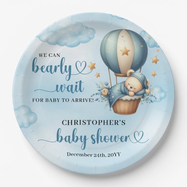 Sleeping teddy bear Boy Baby Shower bearly wait Paper Plates (Front)