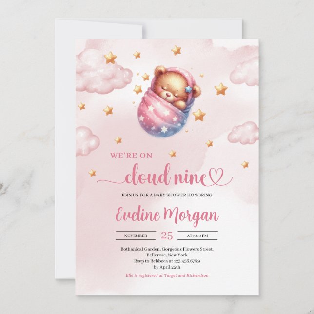 Sleeping teddy bear cloud nine girl baby shower invitation (Front)