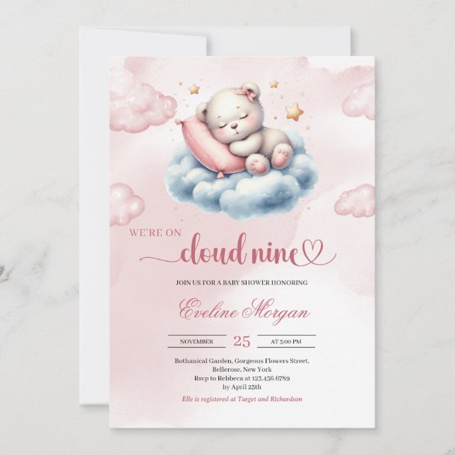 Sleeping teddy bear cloud nine girl baby shower invitation (Front)