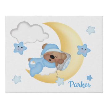 Sleeping Teddy Bear Moon Cloud Baby Boy Nursery Faux Canvas Print by decampstudios at Zazzle