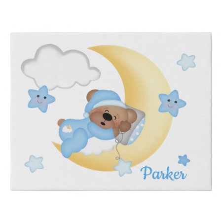 Sleeping Teddy Bear Moon Cloud Baby Boy Nursery Faux Canvas Print