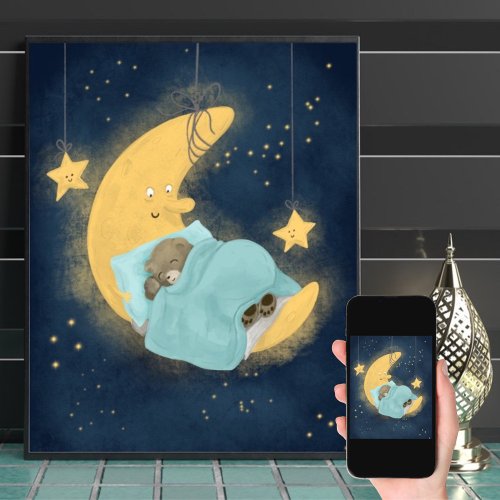 Sleeping Teddy Bear Moon Starry Night Baby Boy Poster