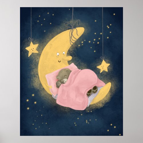 Sleeping Teddy Bear Moon Starry Night Baby Girl Poster