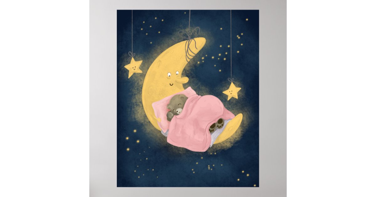 Sleeping Teddy Bear Moon Starry Night Baby Girl Poster Zazzle