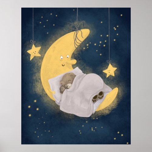 Sleeping Teddy Bear Moon Starry Night Neutral Baby Poster