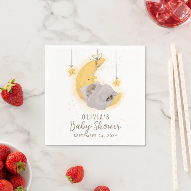 Sleeping Teddy Bear Moon Stars Neutral Baby Shower Napkins (Insitu)
