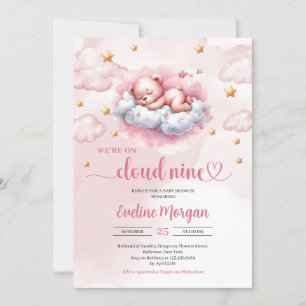 Sleeping teddy bear on a cloud 9 girl baby shower invitation