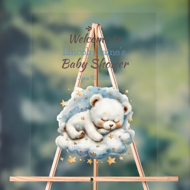 Sleeping Teddy Bear On A Cloud Baby Shower Acrylic Sign (Neutral)