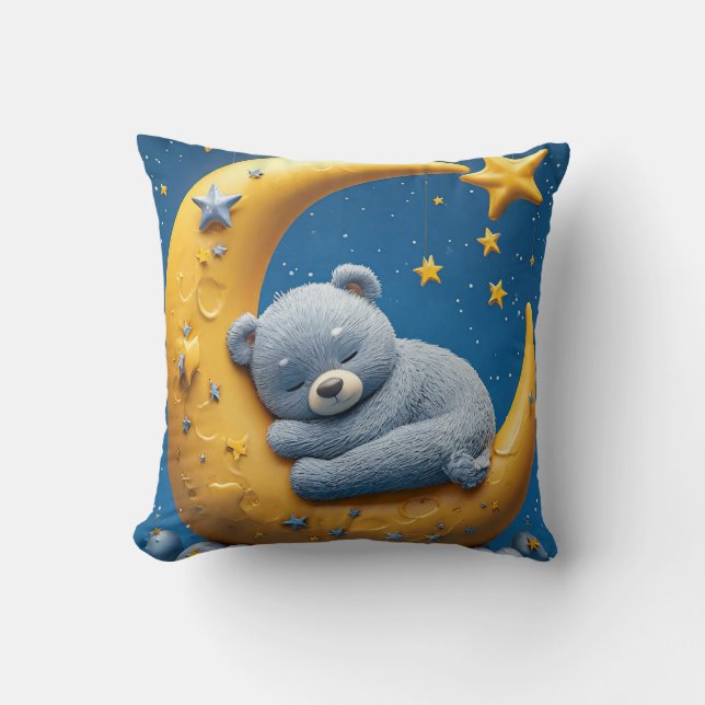 Sleeping Teddy Bear On Crescent Moon Throw Pillow (Front)