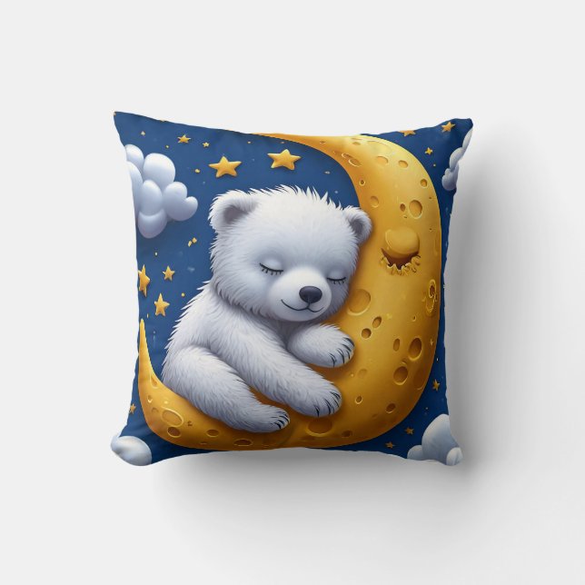 Sleeping Teddy Bear On Crescent Moon Throw Pillow (Front)