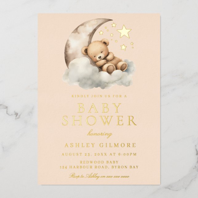Sleeping Teddy Bear on Moon Baby Shower Gold Foil Invitation (Front)