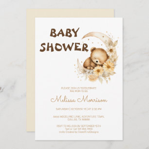 Sleeping Teddy Bear on Moon Baby Shower Invitation