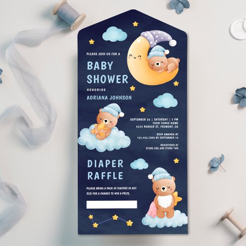 Sleeping Teddy Bear on Moon Navy Blue Baby Shower All In One Invitation