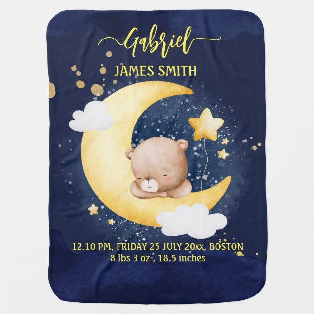 Sleeping teddy bear on the moon birth stats baby blanket (Front)