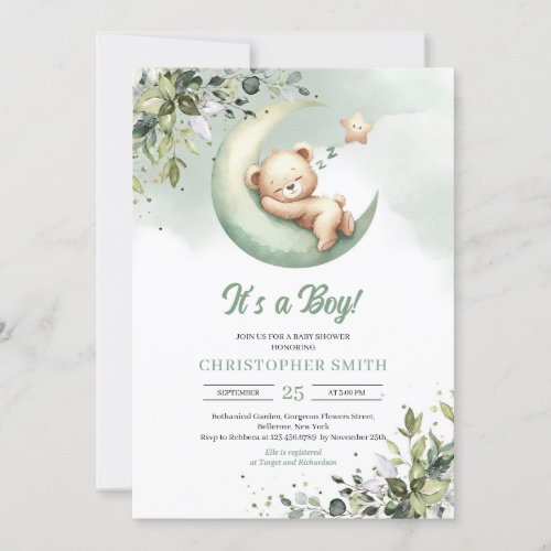 Sleeping teddy bear over the moon gender neutral invitation