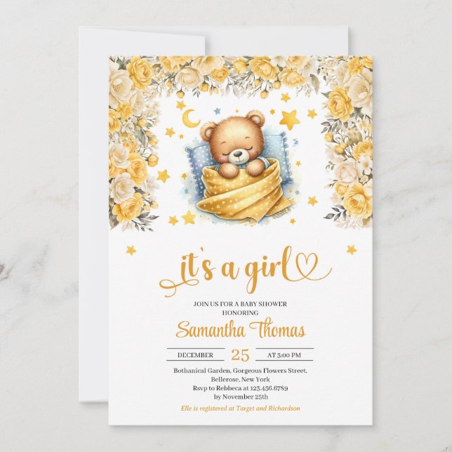 Sleeping teddy bear yellow flower girl baby shower invitation (Front)