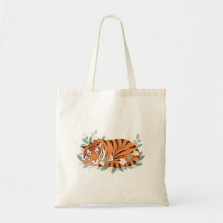 Sleeping Tiger Floral Illustration – Cute Cozy Wil Tote Bag
