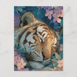 Sleeping Tiger in Purple Floral Garden Postcard