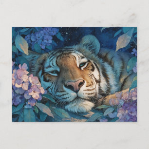 Sleeping Tiger in Purple Floral Garden Postcard