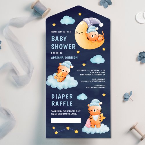 Sleeping Tiger on Moon Navy Blue Baby Shower All In One Invitation