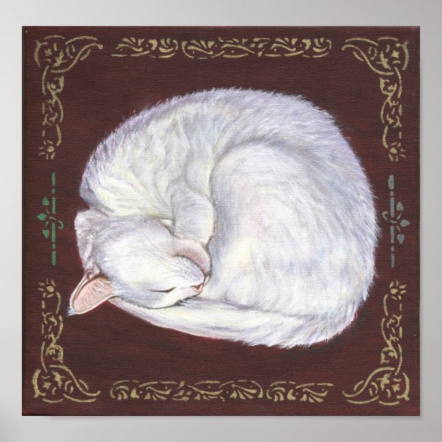 "Sleeping Treasure" white cat art poster (Front)