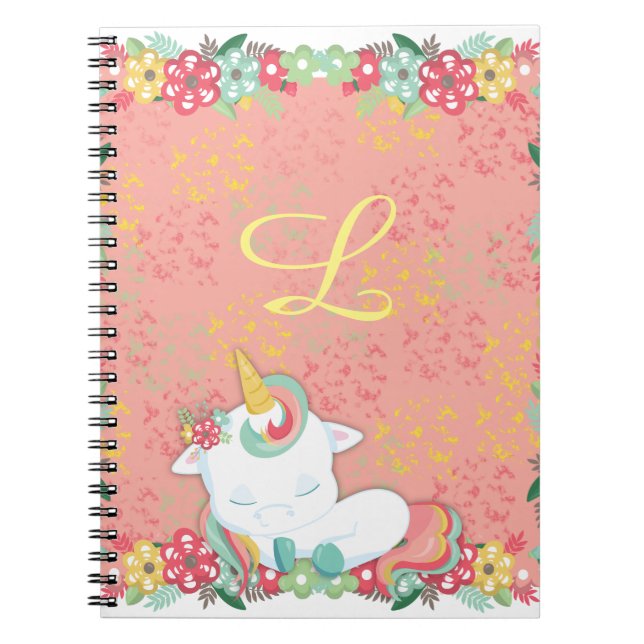 Sleeping Unicorn Floral Monogram Notebook (Front)