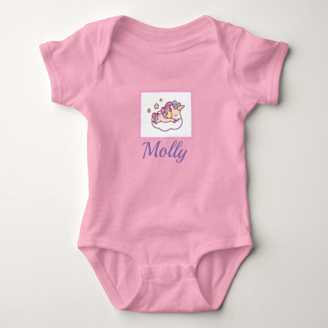 Sleeping Unicorn NAME Kawaii Onsie Sleeper Pink Baby Bodysuit (Front)