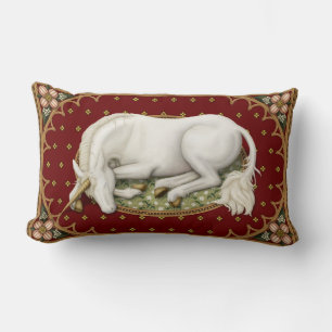 Sleeping Unicorn on a Dark Red Floral Lumbar Pillow