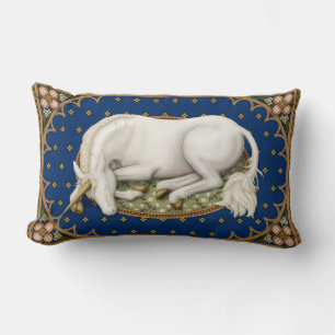 Sleeping Unicorn on a Deep Blue Floral Lumbar Pillow