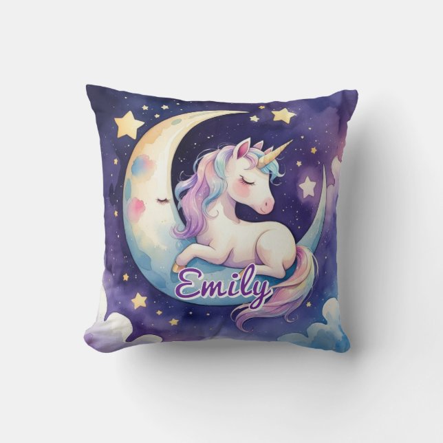 Sleeping Unicorn on Moon Editable Name Pillow (Front)